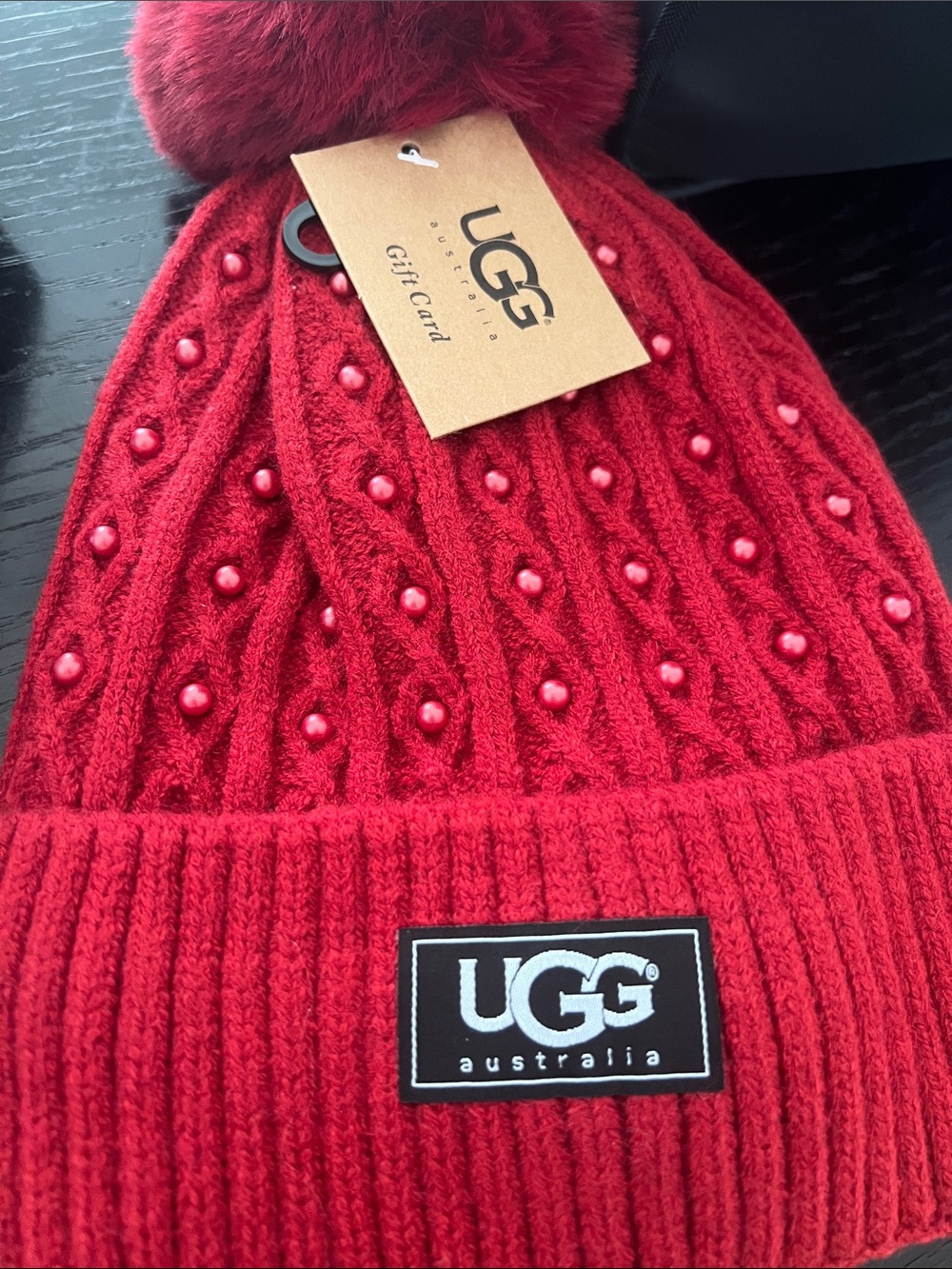 UGG Red Beaded Cable Knit Pom Pom Hat
